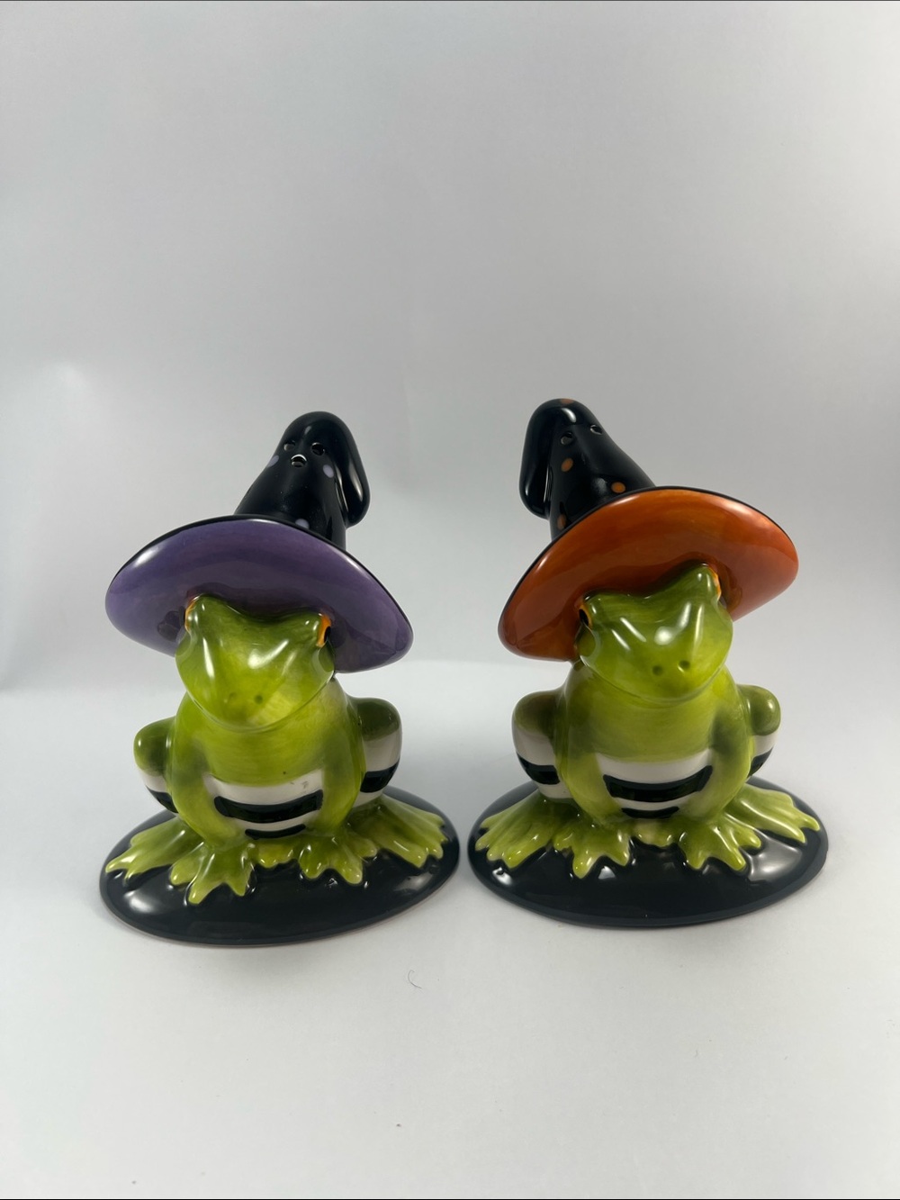 MacKenzie-Childs Green Frog Salt & Pepper Shakers with Purple and Orange Hats